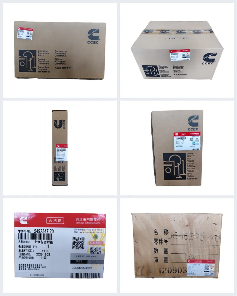 Engine gasket kits, injector, bearing and cylinder head in their packaging